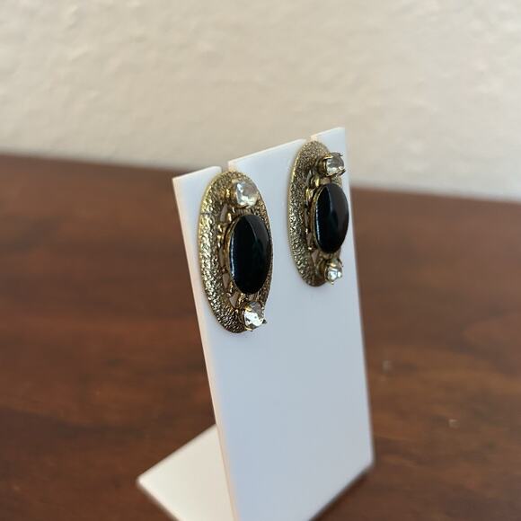 Vintage Gold Tone Earrings Black Stone & Clear Rhinestones Oval 80s Studs - Picture 2 of 2